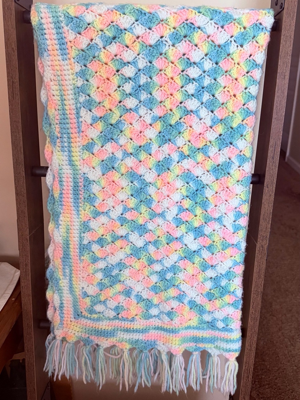 Handmade Pastel Crochet Throw Blanket - Blue, Pink, Yellow, Cream